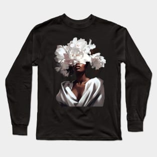 White Flower On Black Women Long Sleeve T-Shirt